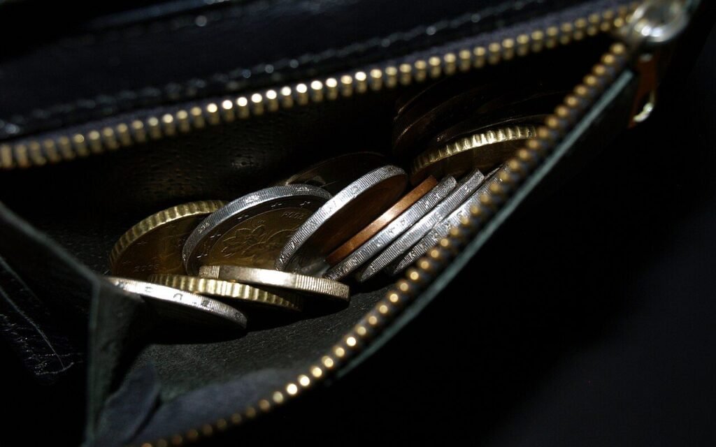 Pièces en euros rangées dans le compartiment zippé d'un portefeuille en cuir noir