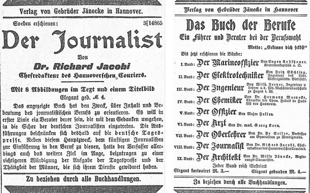 Deux annonces imprimées en caractères gothiques dans le Hannoverscher Courier, journal allemand de 1902